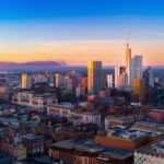 Leeds city centre skyline at sunset, near Leeds Bradford Airport