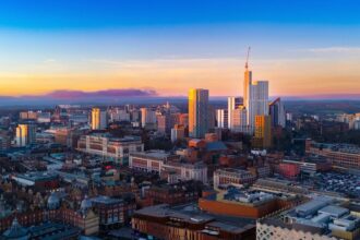 Leeds city centre skyline at sunset, near Leeds Bradford Airport