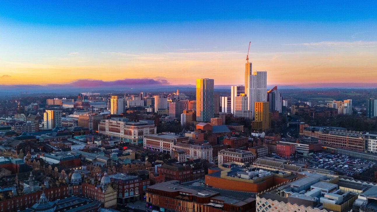 Leeds city centre skyline at sunset, near Leeds Bradford Airport