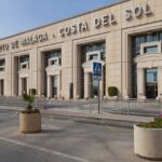 Exterior of Malaga Costa del Sol Airport terminal building with the main entrance to the arrivals and departures area.