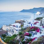 Whitewashed buildings overlooking the caldera in Santorini, Greece