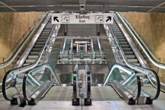 Escalators inside a Thessaloniki Metro station
