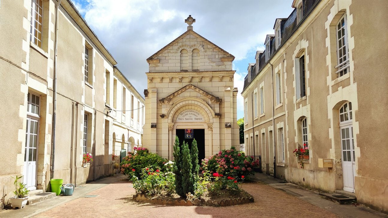 Historic church and traditional buildings in Bergerac old town, Dordogne, France