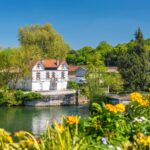 Colourful flowers overlooking the River Charente with traditional houses and riverside scenery in Cognac, France.