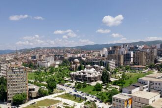 Panoramic view of Pristina city centre with the National Library of Kosovo