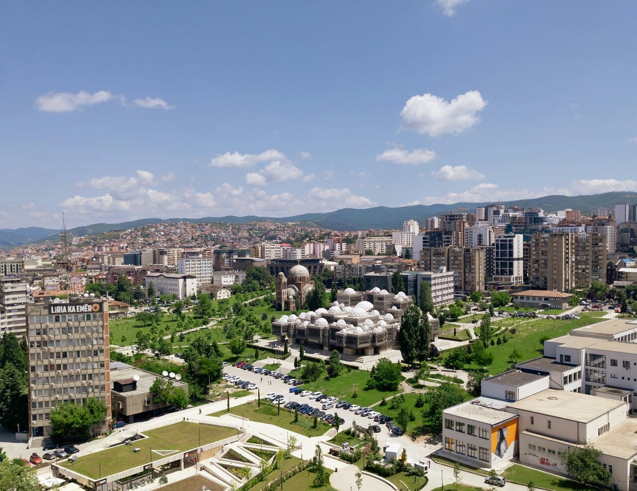 Panoramic view of Pristina city centre with the National Library of Kosovo