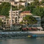 Ulcinj waterfront with mosque and sandy beach