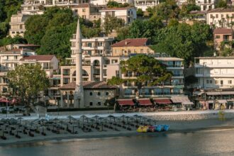 Ulcinj waterfront with mosque and sandy beach