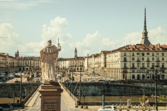Piazza Vittorio Veneto and Mole Antonelliana in Turin city centre, Italy.