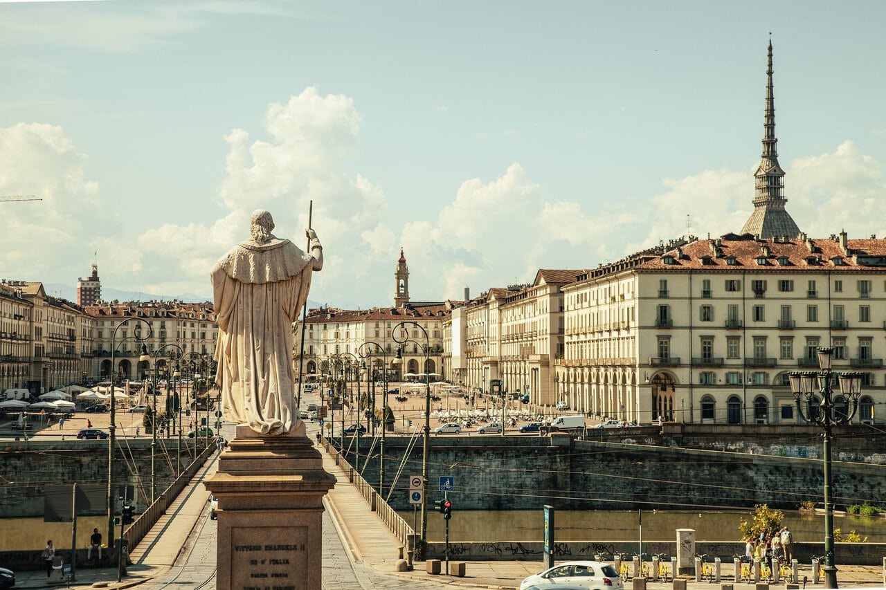 Piazza Vittorio Veneto and Mole Antonelliana in Turin city centre, Italy.