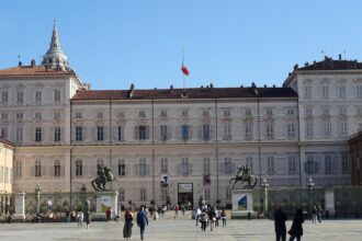 Front entrance of the Royal Palace of Turin overlooking Piazza Castello in the historic centre of Turin, Italy.