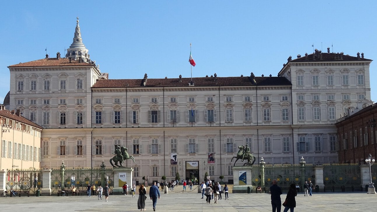 Front entrance of the Royal Palace of Turin overlooking Piazza Castello in the historic centre of Turin, Italy.