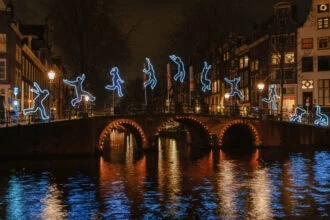 Illuminated bridge during the Amsterdam Light Festival