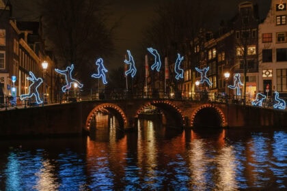 Illuminated bridge during the Amsterdam Light Festival