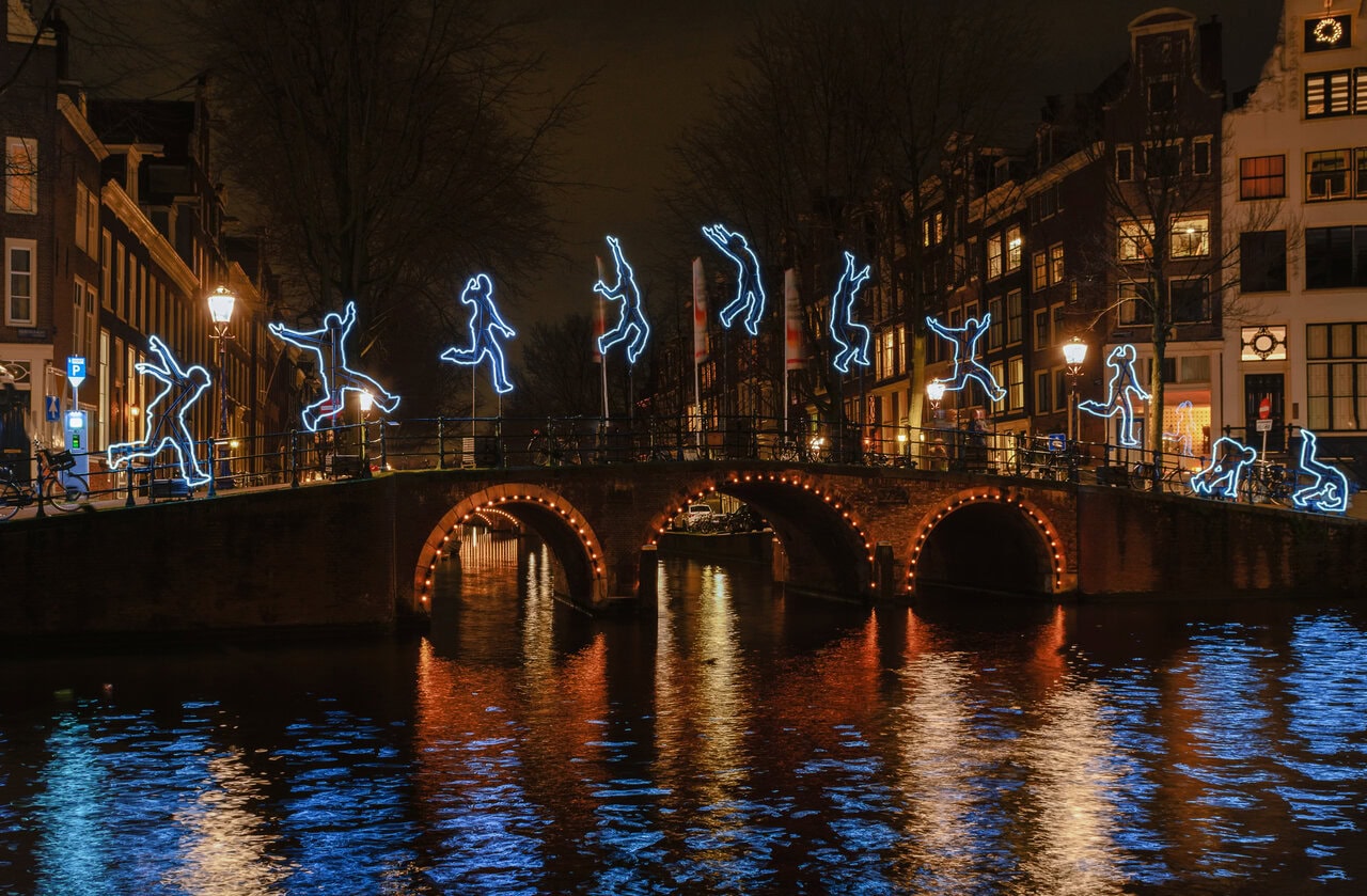 Illuminated bridge during the Amsterdam Light Festival