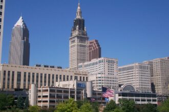 Cleveland skyline on the Amtrak Lake Shore Limited route