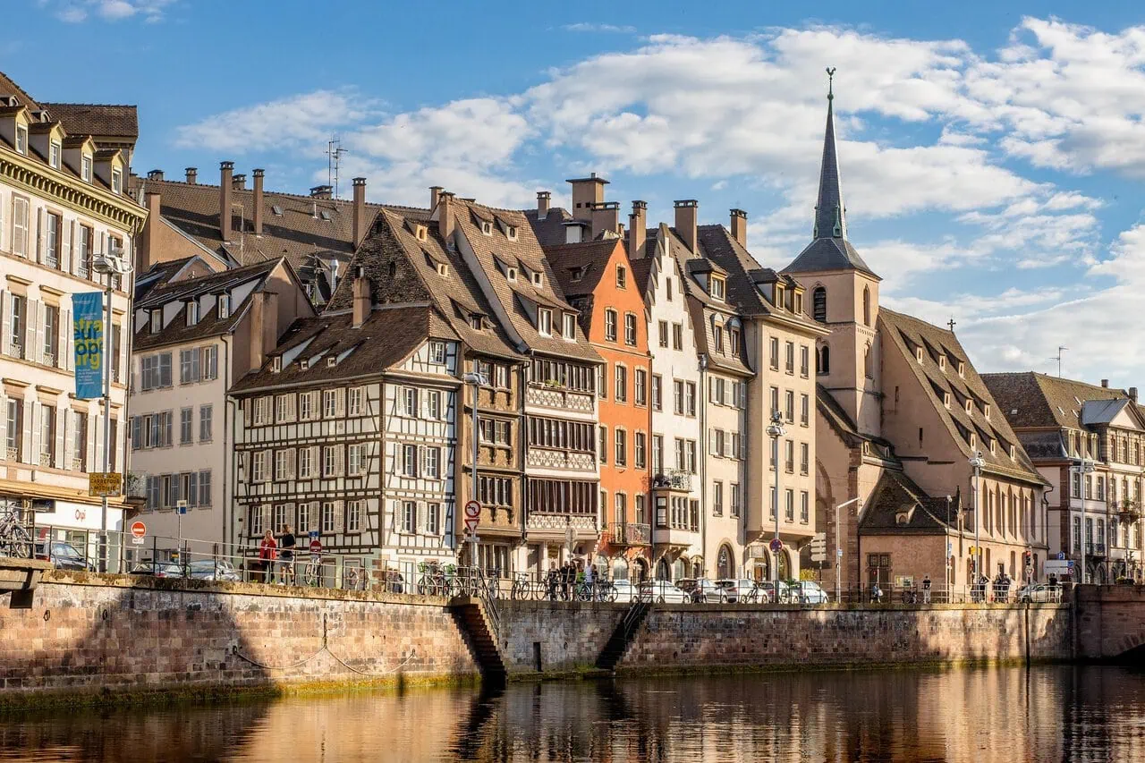 Historic buildings and half-timbered houses beside the River Ill in Strasbourg