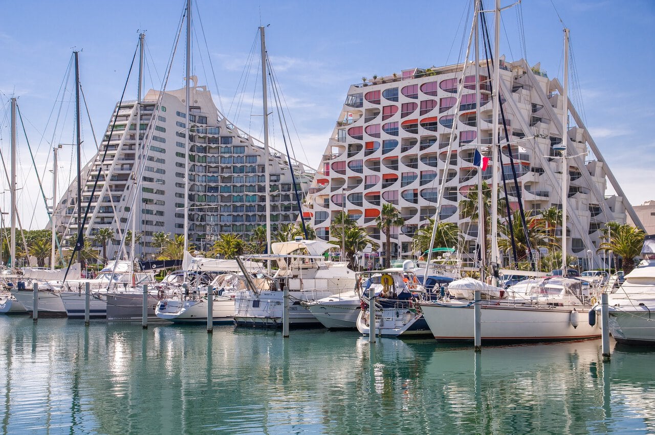 Marina and modern waterfront buildings in La Grande-Motte near Montpellier