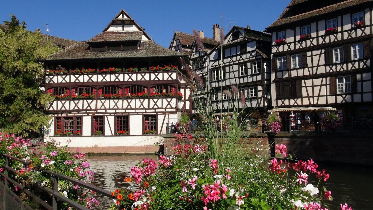 Traditional half-timbered houses along the canals of Strasbourg's Petite France district