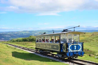 The vintage Great Orme Tramway near the summit above Llandudno