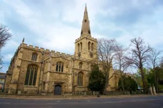St Paul’s Church with its tall stone spire in Bedford town centre