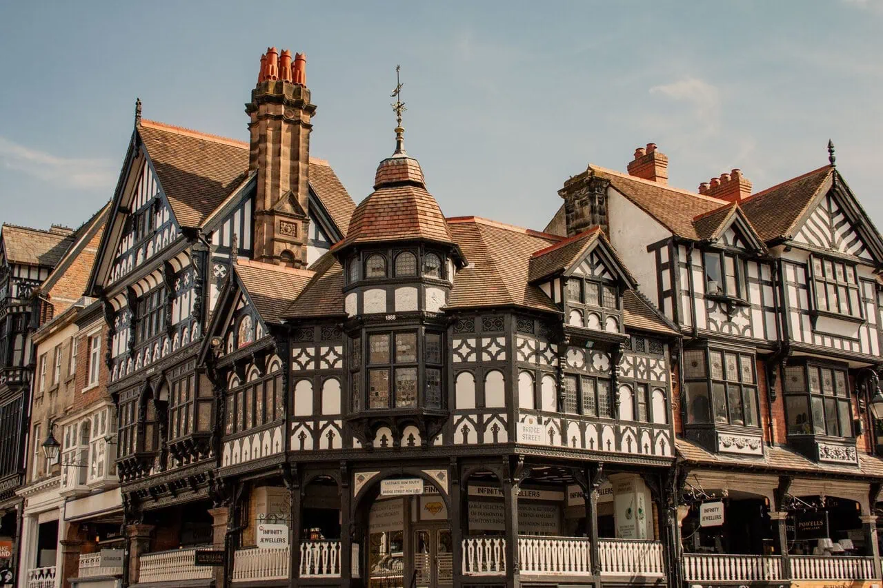 Historic black-and-white timber-framed buildings along the Chester Rows in Chester city centre