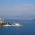 View across Corfu Old Town and the Ionian Sea from the Old Fortress in Corfu, Greece.