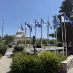 Greek flags outside Agios Konstantinos Church in Glyfada, Athens