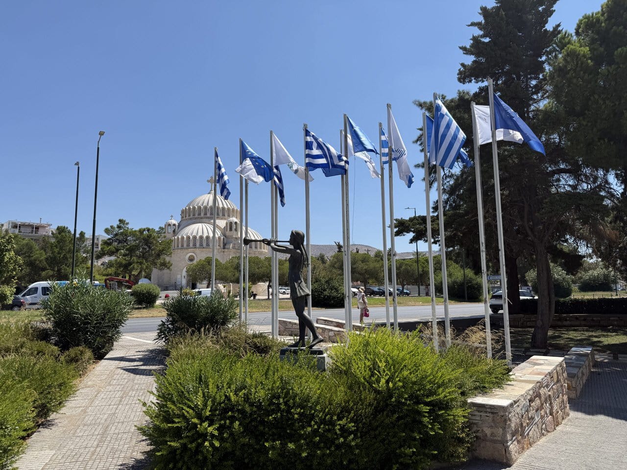 Greek flags outside Agios Konstantinos Church in Glyfada, Athens