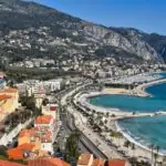 Colourful pastel houses of Menton's Old Town rising above the Mediterranean on the French Riviera