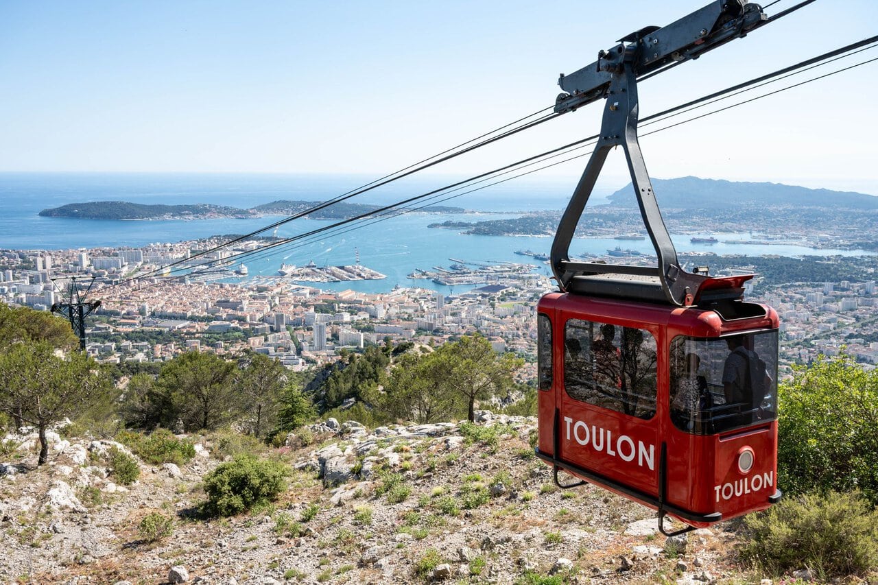 Harbour view of Toulon, France with the Mediterranean and Mont Faron in the background