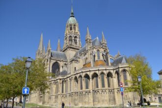 Bayeux Cathedral overlooking the historic centre of Bayeux in Normandy, France