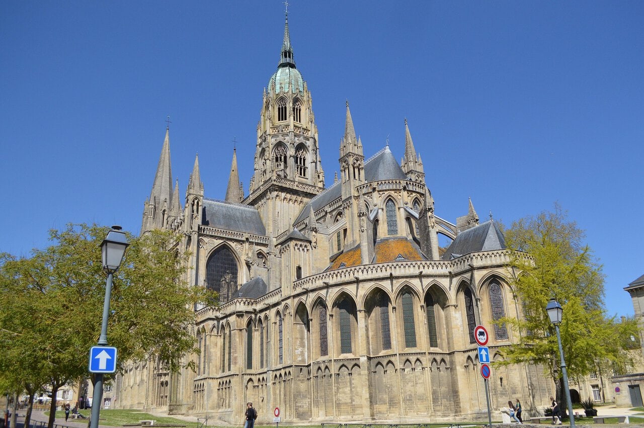 Bayeux Cathedral overlooking the historic centre of Bayeux in Normandy, France