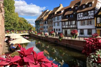 Colourful half-timbered houses lining the Little Venice canal in Colmar