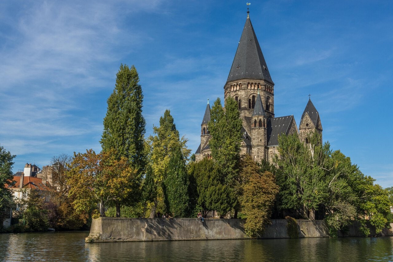 Metz Cathedral rising above the Moselle River in the historic centre of Metz