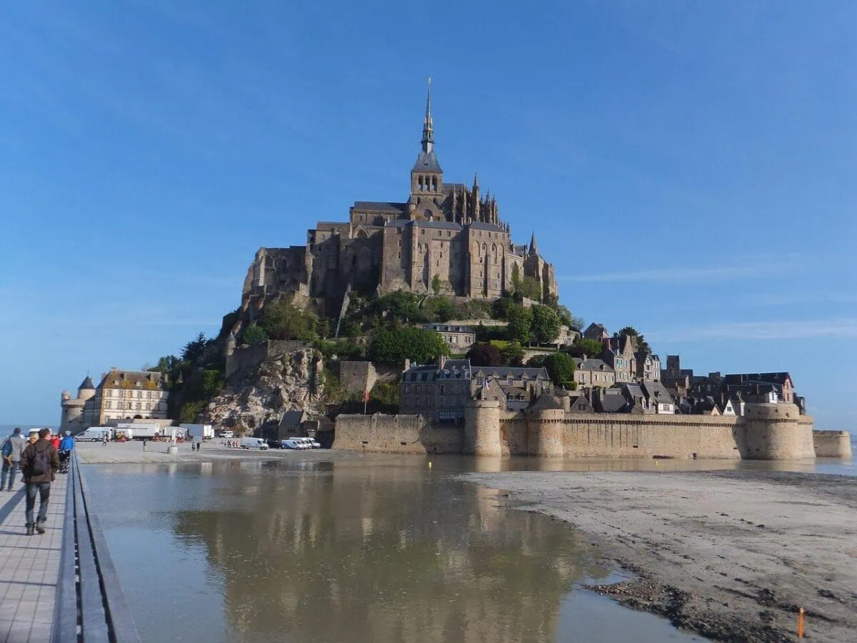 Mont Saint-Michel and its medieval abbey surrounded by tidal sands in Normandy, France