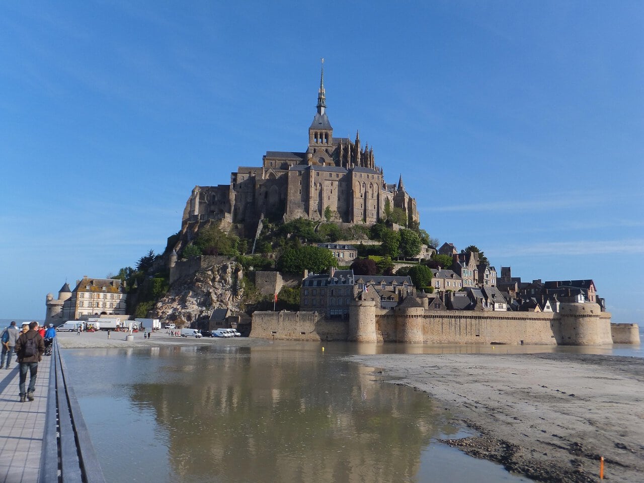 Mont Saint-Michel and its medieval abbey surrounded by tidal sands in Normandy, France