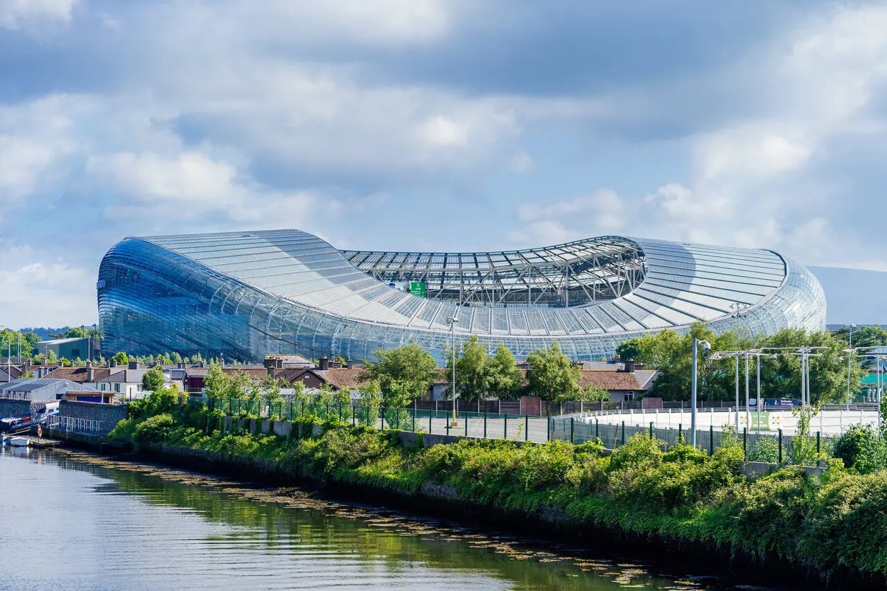 Aviva Stadium beside the River Dodder in Dublin, a UEFA EURO 2028 venue