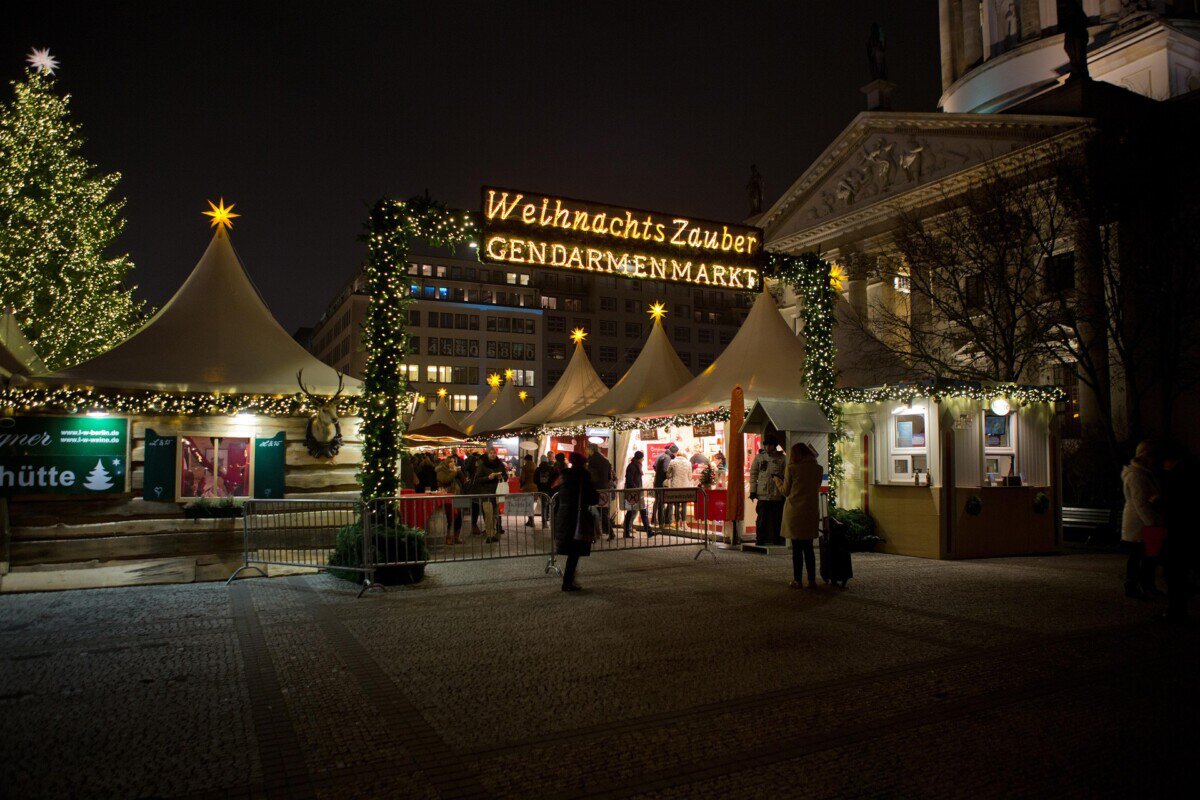 Christmas market entrance and festive stalls at Gendarmenmarkt in Berlin