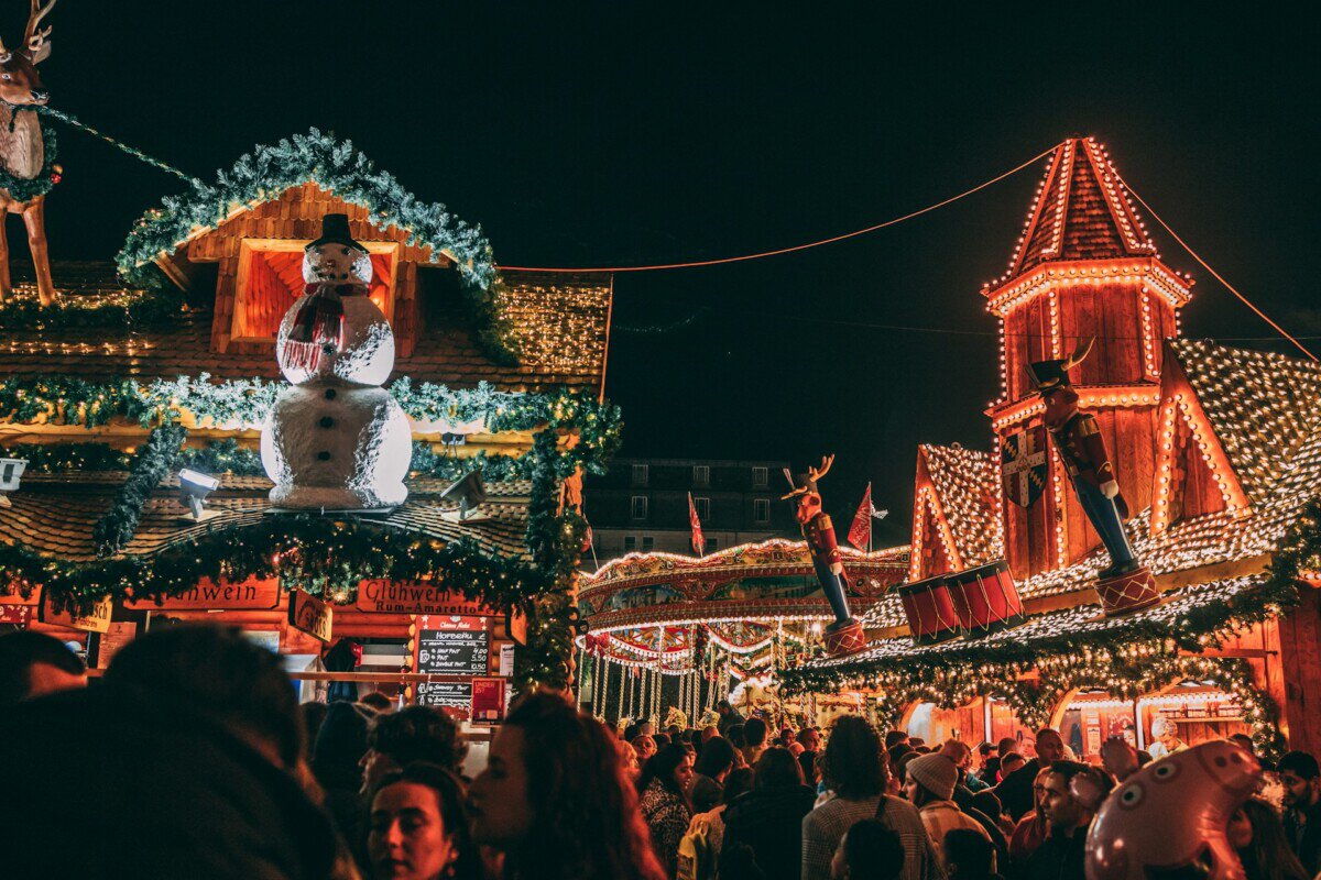 Birmingham Christmas market with festive stalls and decorations
