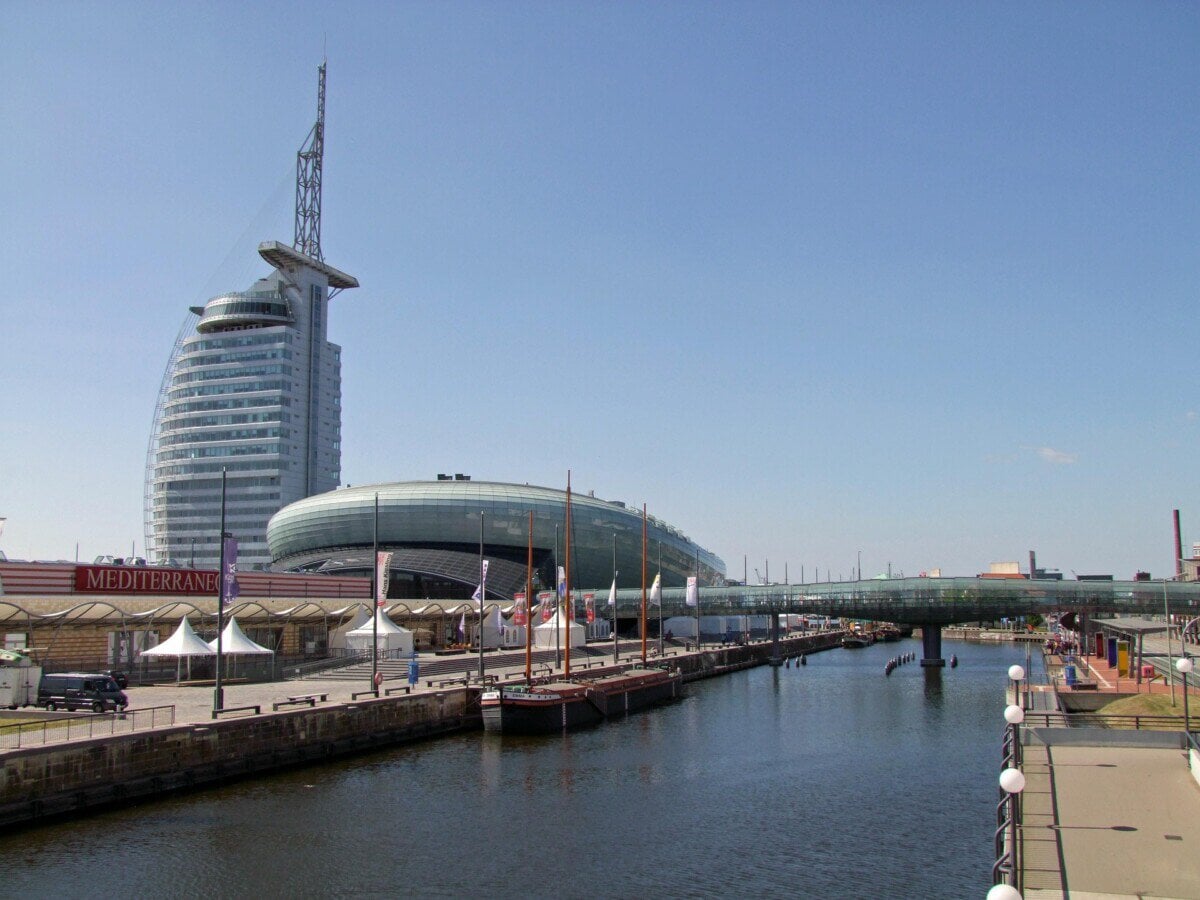 Bremerhaven waterfront with Atlantic Hotel Sail City and harbour