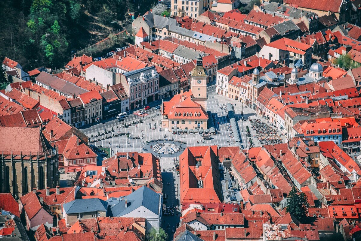 Aerial view of Council Square and the historic Old Town in Brașov, Romania
