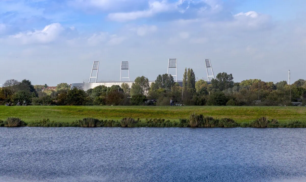 Weserstadion in Bremen viewed across the River Weser