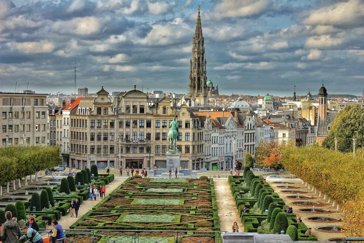 Mont des Arts gardens with Brussels Town Hall tower visible across the city