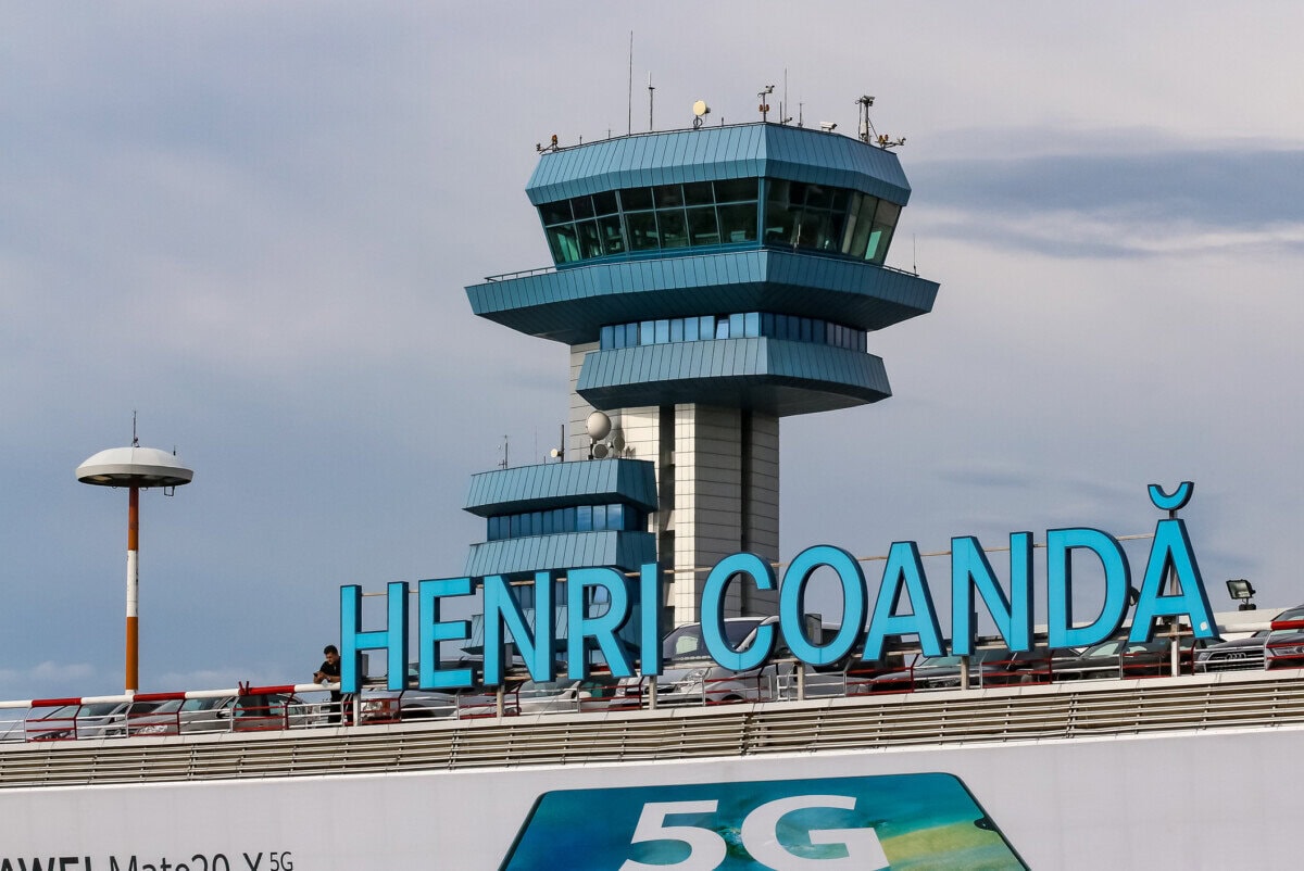 Henri Coandă International Airport terminal and control tower in Otopeni near Bucharest