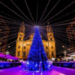Budapest Christmas market with illuminated tree and festive lights