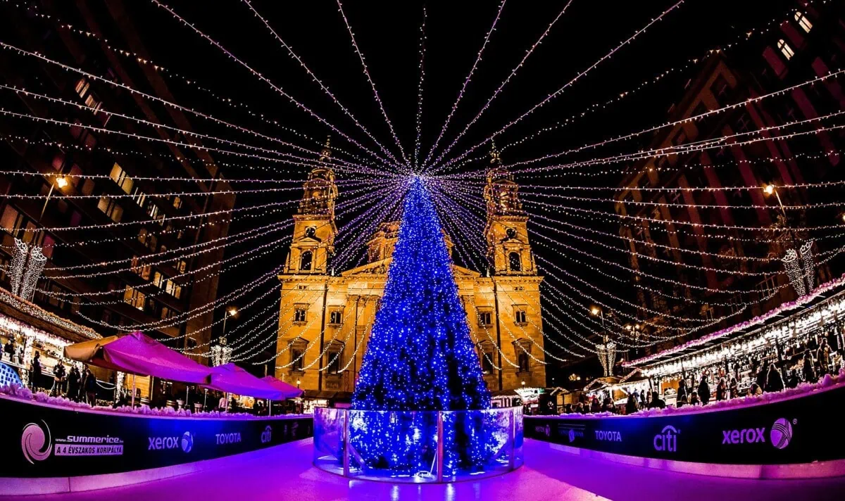 Budapest Christmas market with illuminated tree and festive lights
