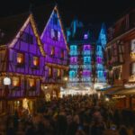 Christmas lights on traditional half-timbered buildings in Colmar