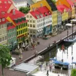 LEGO model of Copenhagen's Nyhavn waterfront with colourful townhouses and canal boats