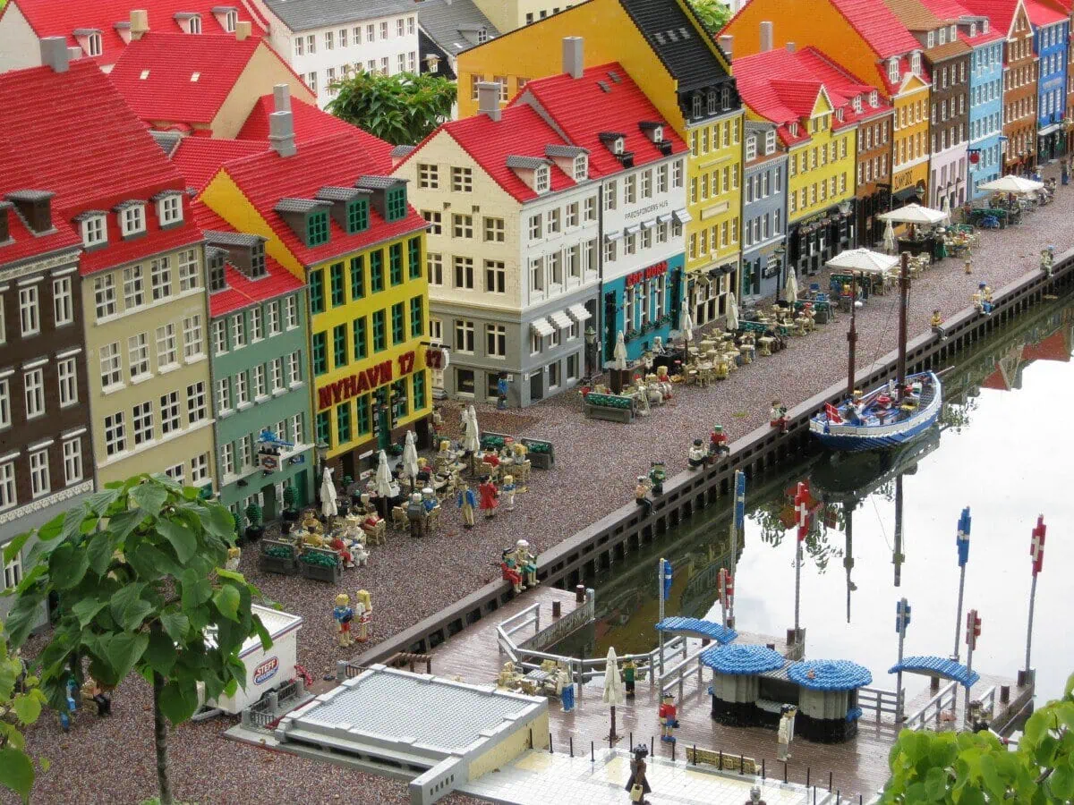 LEGO model of Copenhagen's Nyhavn waterfront with colourful townhouses and canal boats